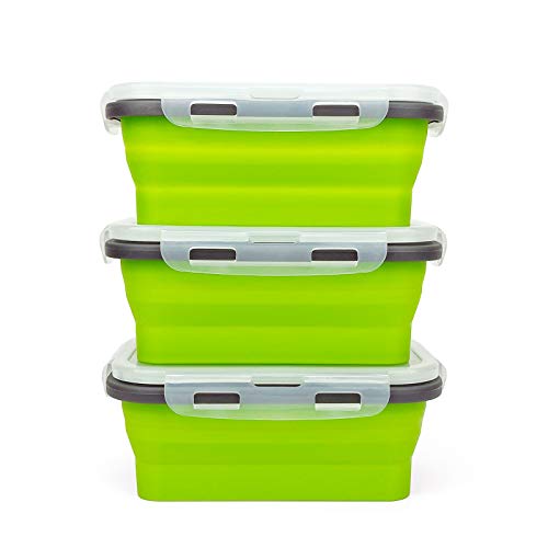 CARTINTS Set of 3 Collapsible Food Storage Containers with Lids, Collapsible Silicone Bowls, Silicone Lunch Containers, For Meal Prep, Camping, Travel, Microwave and Freezer Safe,500ml,Green - color: green
