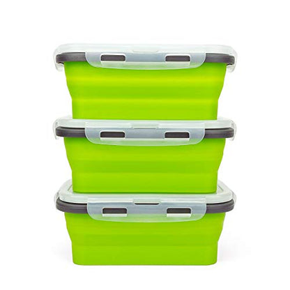 CARTINTS Set of 3 Collapsible Food Storage Containers with Lids, Collapsible Silicone Bowls, Silicone Lunch Containers, For Meal Prep, Camping, Travel, Microwave and Freezer Safe,500ml,Green - color: green