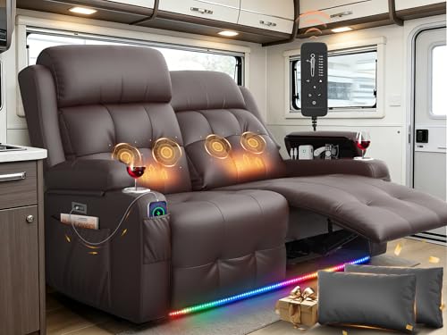Power Loveseat Recliner with 2-Point Graphene Heat & Massage, Under-Seat Multi‑Color Adjustable LED Light Strips, Foldable Armrest, USB A/C, Wall Hugger Recliner Couch for RV Home Theater - color: Brown, size: Power Loveseat