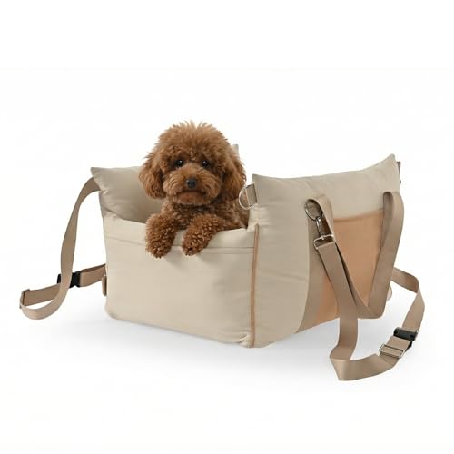 Amazon Basics Dog Car Seat, Pet Booster for Small-Medium Dogs with Leash & Washable Cover, Beige - color: BEIGE