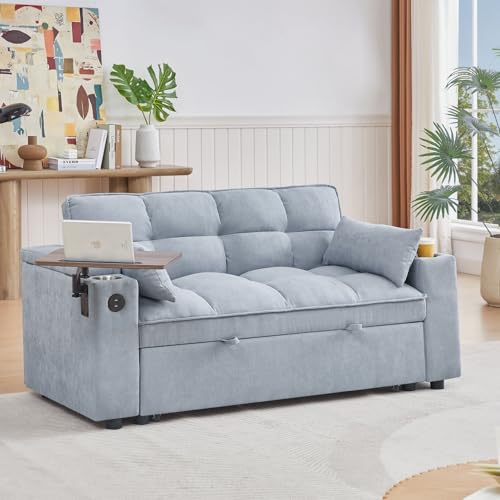 oaaktu 65''Convertible Sleeper Sofa Bed,3-in-1 Pull Out Couch Bed with 360 Degree rotatable Side Table and USB Ports for Living Room,RV (07 Light Grey) - color: 07 Light Grey