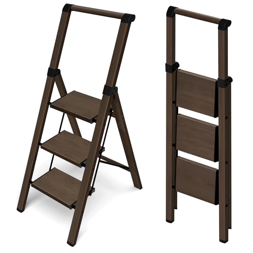 HillhutApex 3 Step Foldable Aluminum Step Ladder with Handgrip, Anti-Slip Pedal, 330lbs Capacity, Lightweight & Portable for Home, Kitchen, Office, Garage (Walnut) - color: Walnut, size: 3 Step With Handrail