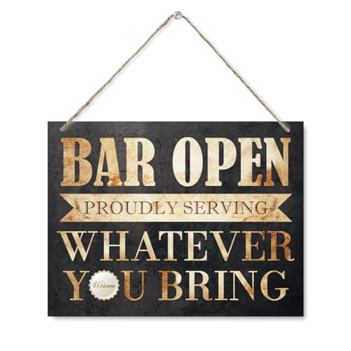 Bar Open Sign, Farmhouse Wooden Hanging Sign Plaque - Bar Open Proudly Serving Whatever You Bring, Kitchen Bars Decors, Rustic Wall Art Decor for Home Decoration 7.9 x 10.2 Inches - color: Bar 12