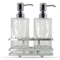 Square Glass Clear Lotion and Soap Pump Dispenser Set with Metal Stand Caddy for Bathroom Bath Kitchen Home Office Travel Hotel Hand Crafted Heavy Weight Chrome - color: Chrome