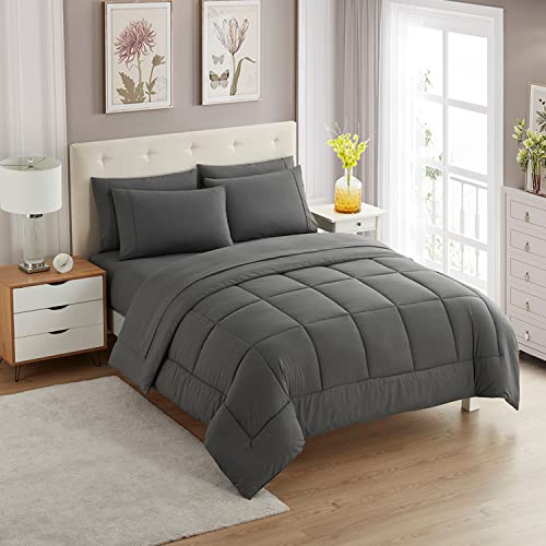 King Size Comforter Set with Sheets - 7-Piece Bedding Collection - 1 Comforter, 1 Fitted Sheet, 1 Flat, 4 Pillowcases - Deep Pocket - Soft & Breathable Premium Quality - Ideal for All Seasons, Gray - color: Gray, size: King