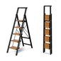 5 Step Ladder, Lightweight Folding Step Stool with Anti-Slip Aluminum Wide Pedal& Convenient Handgrip, 330lbs Capacity Steel Ladder for Household and Office (Black&Woodgrain) - color: Black&woodgrain, size: 5 Step