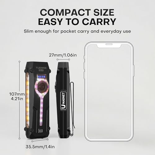 Rechargeable EDC Flashlight, 750 Lumens with 11 Light Modes & Stepless Dimming,Flat Flashlight Magnetic Base & Dual Clip, White & Warm Light Combo, U V Mode, Red Light for Everyday Carry - color: Black, size: Medium