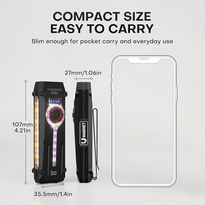 Rechargeable EDC Flashlight, 750 Lumens with 11 Light Modes & Stepless Dimming,Flat Flashlight Magnetic Base & Dual Clip, White & Warm Light Combo, U V Mode, Red Light for Everyday Carry - color: Black, size: Medium