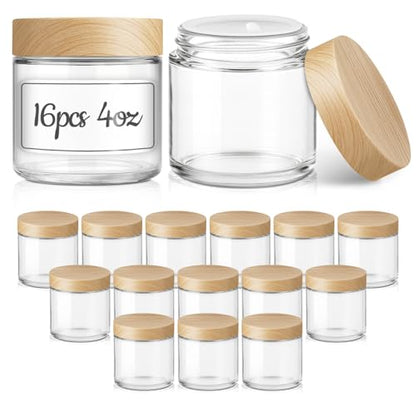 16 Pack 4 OZ Glass Jars with Lids, Small Glass Containers with Plastic Woodgrain Lids & Inner Liners, Reusable Travel Containers for Creams, Makeup, Lotion, Cosmetic, Ointment - color: Clear-16 Pack-4oz