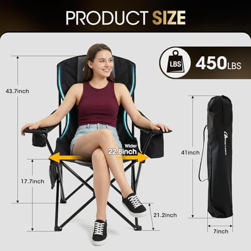 MOON LENCE Heavy Duty Camping Chair, 450LBS Capacity High Back Folding Chair with Cup Holder & Cooler Bag, Portable Outdoor Chair for Camping, Backyard, RV and Beach, 1 Pack