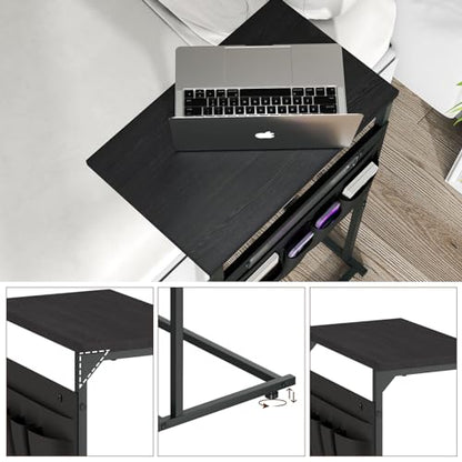 C Shaped End Table, Small Sturdy Side Sofa Table with Metal Frame for Living Room and Bedroom, Slide Under Table Couch Side Tables with Storage Bag, Black ZER-007B - color: Black