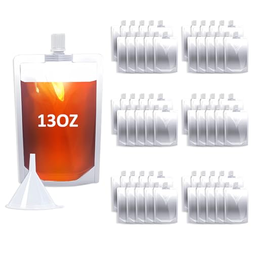 60PCS 13OZ Plastic Drinking Flasks,Spouted Pouches with Funnel,Reusable Drink Bags for Liquid Beverage Juice,Leak-Proof Food Grade for Travel Outdoor Sports Concert Cruise Events - color: 13OZ 60PCS+Funnel