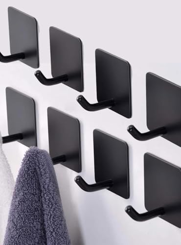 Adhesive Towel Hooks for Bathrooms, 8 Piece Towel Hooks for Hanging Hat Robe Coat, Stick on Hooks for Kitchens, Strong Self-Adhesive No Damage Sticky Hook, Black - style: S-Black-45°