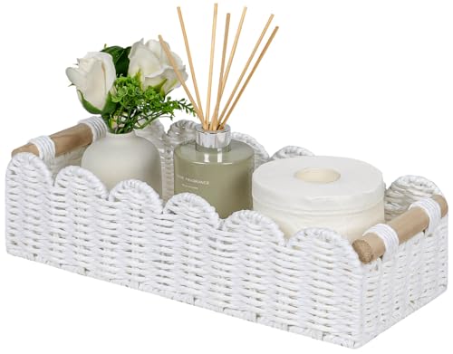 CubesLand Scalloped Edge Toilet Paper Storage Basket, Living Room Home Cozy Decor Basket, Paper Rope Small Baskets for Over Toilet Storage Shelf, End Table, Shelves, with 2 Wooden Handles, White - color: White, size: m - 14 X 6.3 X 3.9in