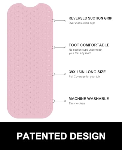 OTHWAY No Suction Cup Bath Mat: 39x16inch Extra Long Bathmat│Perfect for Refinished Bathtub Mat│Made of Nature Rubber│a Blessing for The Elderly and Children (Pink) - color: G-pink