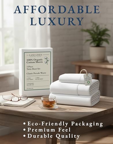 LANE LINEN 100% Organic Cotton Twin Sheets Set, 3Pc Twin Bed Sheets, Soft & Comfy Breathable Cotton Percale Sheets for Twin Size Bed, Dorm Room Essentials Low Pill Fade Resistant White Sheets | Twin Sheet Set, GOTS Certified Organic Cotton Percale - For D