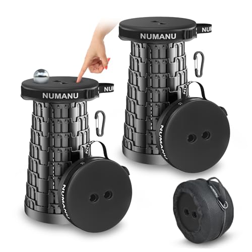 NUMANU 2PK 2026 Upgraded Padded Collapsible Stool, Max 620lb 18" Adjustable Portable Folding Stool for Adults, Retractable Foldable Telescopic Seat Camping Chair or Footrest - size: 2x Padded Seats + Accessories