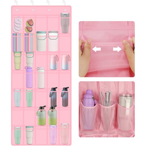 NiHome Multi-Functional 35 Pockets Door Hanging Organizer Fit for Stanley Tumbler in Kitchen, Pantry, Bathroom, Large Capacity Elastic Mesh Secure Storage Water Bottle Cup Holder, Foldable (Pink) - color: Pink, size: 67'' x 27.6''