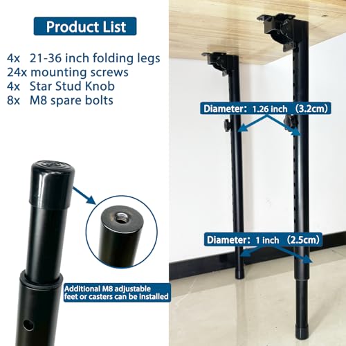 Benbuoo Folding Adjustable Table Legs 21 to 35 inch, Metal Telescopic Storage Desk Legs for Outdoor Camper, RV, Coffee Dinner Table, Tabletops, Kitchen, DIY Bar Desk, Tablesaw, 4pcs Black - size: 21-35'' 4pcs