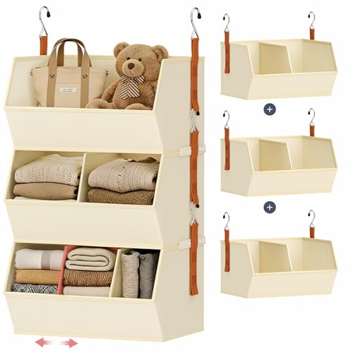 Hanging Closet Organizer Extra Large, Clothes Hanging Shelves for Closet with Divider, Collapsible Closet Storage System, Fabric Closet Hanging Organizer for Home, Dorm, Rv, ,Handbags, Underwear, Sock - color: Beige, size: 15.75 × 12.20 × 9.44. - 3 Pack