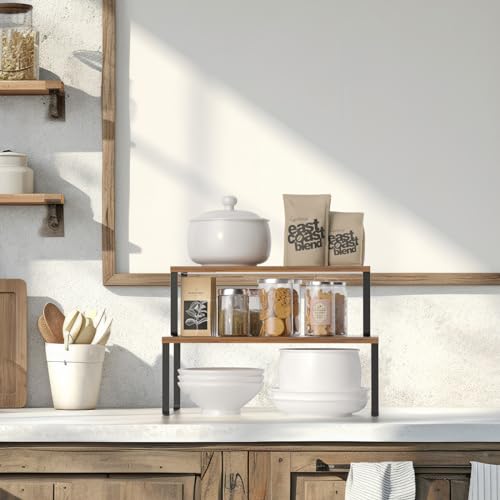 NEX Kitchen Cabinet and Counter Shelf Organizer, Stackable & Expandable, Set of 4, Black and Rustic Brown - 7.7 x 15.6 x 6.2'' - color: Black + Rustic Brown, size: 15.6''W