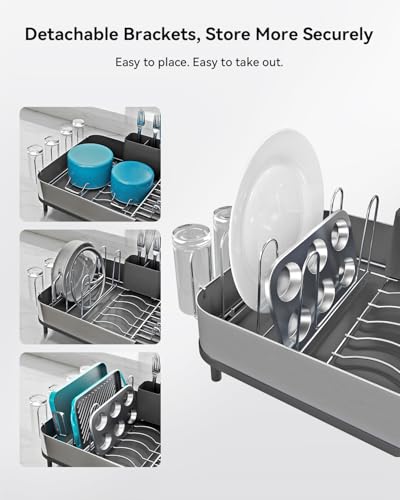 SUNLY Expandable Dish Drying Rack, Versatile Brackets for Pots & Pans, Space Saving Kitchen Drying Rack, Dish Racks for Kitchen Counter, Stainless Steel Dish Drainers with Extendable Spout, Black - color: Black + Silver