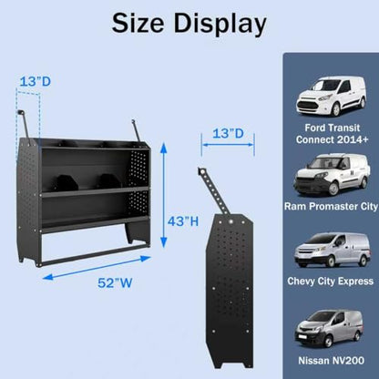 Cargo Van Shelving Steel Storage System Fit for Transit Connect 2014+, Chevy City Express, Promaster City, NV200, Steel Cargo Van Shelves 52" W x 43" H x 13" D - size: 52" W x 43" H x 13" D