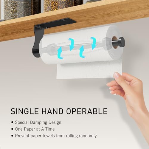 SetSail Paper Towel Holder, Single Hand Operable Paper Towel Holder Under Cabinet with Adjustable Damper, Easy Tear, Wall Mount, Self-Adhesive or Drilled for Kitchen Bathroom, Black - color: Black