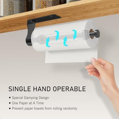 SetSail Paper Towel Holder, Single Hand Operable Paper Towel Holder Under Cabinet with Adjustable Damper, Easy Tear, Wall Mount, Self-Adhesive or Drilled for Kitchen Bathroom, Black - color: Black