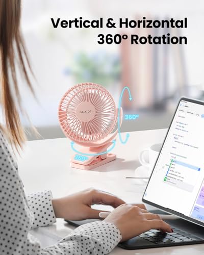 Gaiatop Portable Clip on Fan Battery Operated, Small Powerful 3 Speed Quiet 360° Rotate, USB Rechargeable Mini Personal Cooling Fan for Desk Table Home Office Stroller Camping Women Gifts Pink - color: pink
