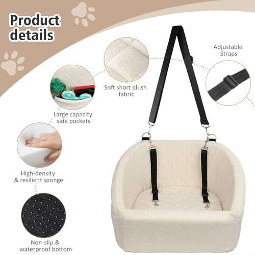 NEEZUKAR Dog Car Seat for Small Medium Dogs,Detachable Washable Dog Booster Seat Under 30lbs, Pet Car Seat Travel Bed with Storage Pockets and Dog Safety Belt (White) - color: White
