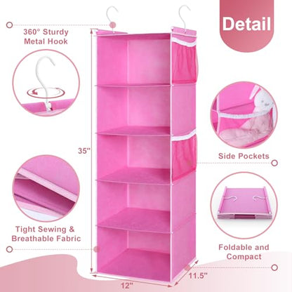MAX Houser 5-Shelf Hanging Closet Organizer, Hanging Storage Shelves with 4 Side Pockets Space-Saving for Bedroom, Foldable (Pink) - color: Pink