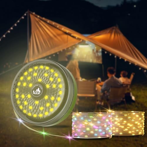 Camping String Lights, Camping Essentials 2 in 1 Quick Storage 32.8FT Rechargeable Waterproof Tent Lights with with 6 Modes, Portable LED Hanging Light for Outdoor Patio Awning Garden Party