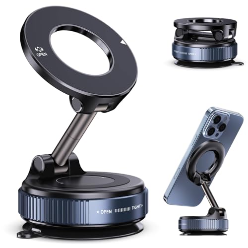 Jikasho Vacuum Magnetic Car Phone Holder for Magsafe, Hands-Free 360° Adjustable Suction Cup Phone Mount for Car/Gym/Mirror/Smooth Surface, Compatible with iPhone & Android (Black) - color: Black