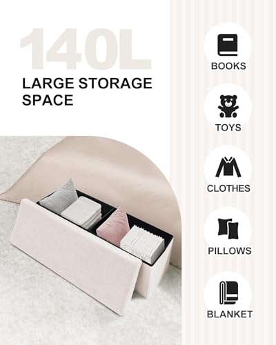 B FSOBEIIALEO Small Storage Ottoman Cube Sherpa Ottomans Foot Rest, Foldable Boucle Ottoman Bench, Faux Teddy Fur, Cream White 43.3"x15"x15" - color: White, size: 43.3"x15"x15"