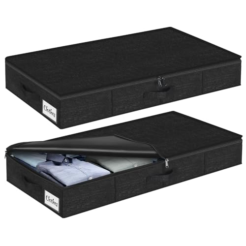 Under Bed Storage Container Bins 2 Pack, 4 Inch Thin Low Profile Underbed Clothes Storage Organizer for Dorm & Home, Use for Blanket and Toy Storage Box W/ Sturdy Bottom/Sides, Foldable Thick Fabric - color: Rigid-Black-2 Pack, size: 4 Inch