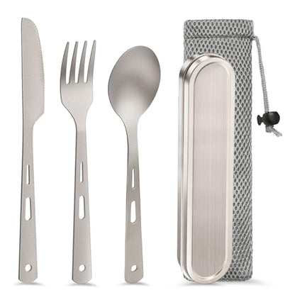 Pure Titanium Travel Utensils with Case, Ultra-Light Ti Portable Champing Essential Cutlery Set, Knife Fork Spoon Reusable Flatware Sets for Camping Picnic Outdoor Hiking, Lunch Box for Men