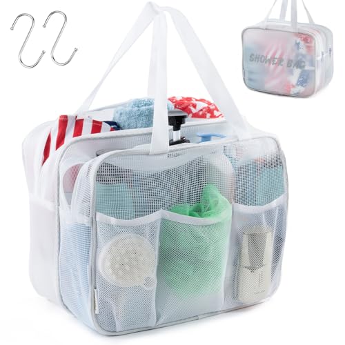 Large Mesh Shower Caddy with Wet & Dry Zones – Portable Hanging Toiletry Bag for College Dorm Room Essentials, Travel, Gym, Camping, Beach Tote Bag – Quick-Dry Shower Tote Organizer - color: White, size: Large