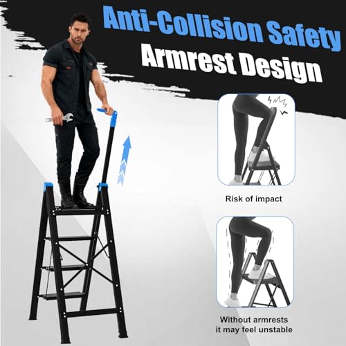 4 Step Ladder,Extendable Single-Handrail Lightweight Aluminum Step Ladder 4 Step Folding,600lbs Max Load Capacity for Household,Kitchen,Office (Blue) - color: Blue, size: 4 steps