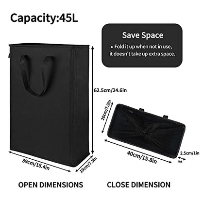 Odonata Slim Laundry Hamper Handles Collapsible Laundry Basket Thin Dirty Clothes Basket Narrow Laundry Bag Foldable Dirty Hamper 45L (Black) - color: Black