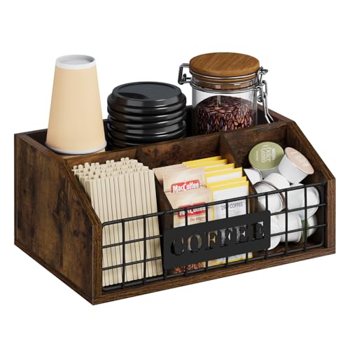 YINMIT Coffee Station Organizer for Countertop, Wood Coffee Bar Organizer with Removable Dividers for Pods, Syrup, Cups, Stirrer, Tea - Office Bar Accessories, Iron Wire-Vintage Brown - color: Iron Wire-Vintage Brown, size: 1 Tier