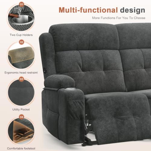 RV Loveseat Recliner Sofa, Reclining Loveseats Couch for RV Furniture, Home Theater Seating with Massage, USB, Insert Pockets, Cup Holders, 150° Wall Hugger RV Recliners Sleeper Sofa - color: Velvety Gray, size: Loveseat-G1