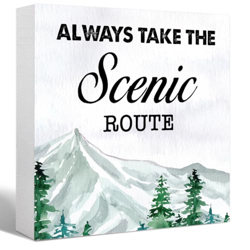 Dark Green Always Take the Scenic Route Woodland Backdrop Camping Wood Plaque Sign, Rustic Quote Mountain Landscape Block Desk Decor for Home Camper RV Shelf Table - color: dark green