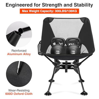 Trakiom 360° Swivel Folding Camping Chairs, Compact and Portable Chair for Outdoor Camp, Foldable Chairs with Anti-Sinking Large Feet for Travel, Beach, Picnic, Sports, Fishing Support 300 LBS(Black)