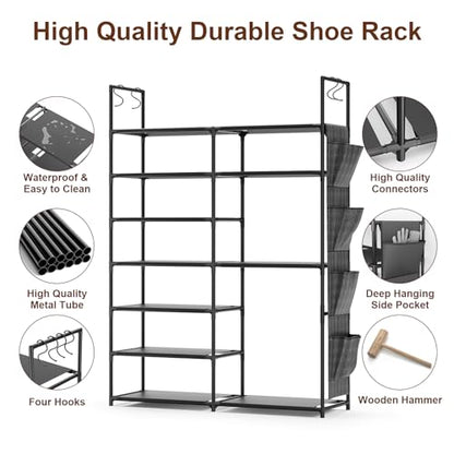 Kottwca 7 Tiers Shoe Rack Metal Shoe Organizer for Entryway Closet, 24-28 Pairs Stackable Shoe and Boots Shelf Storage Cabinet with Hooks and Side Hanging Pockets for Bedroom, Garage, Black - size: 2 Row 7 Tier