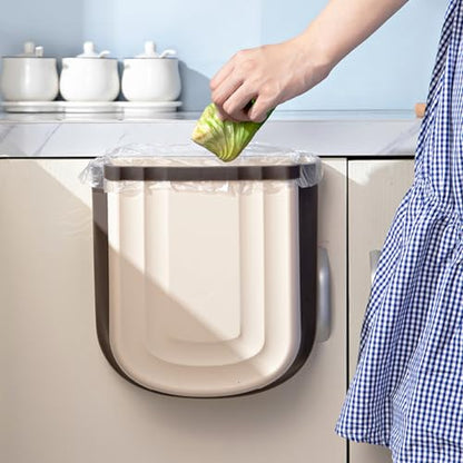 2 Pack Kitchen Hanging Trash Can, 2.4 Gallon / 9L Collapsible Waste Bin, Small Kitchen Compost Bin for Food Scraps, Wall Mounted Garbage Can for Bathroom, Car, RV（Khaki） - color: Khaki+Khaki