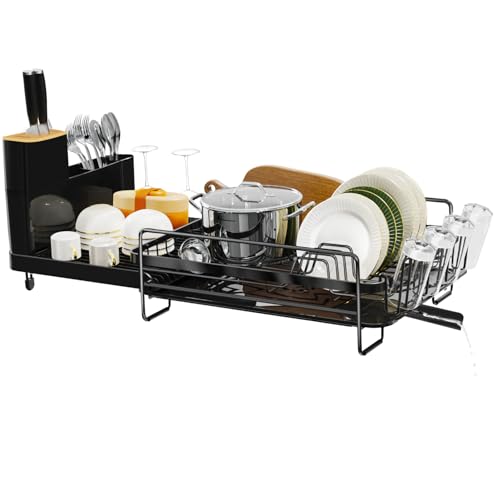 Runnatal Dish Drying Rack Extendable, Large Dish Rack with Drainboard, Utensil Holder, Cup Holder, Expandable Dish Drainer for Kitchen Counter, 20.5"-27.6" L x 12.6" W - size: 20.5"-27.6" L x 12.6" W