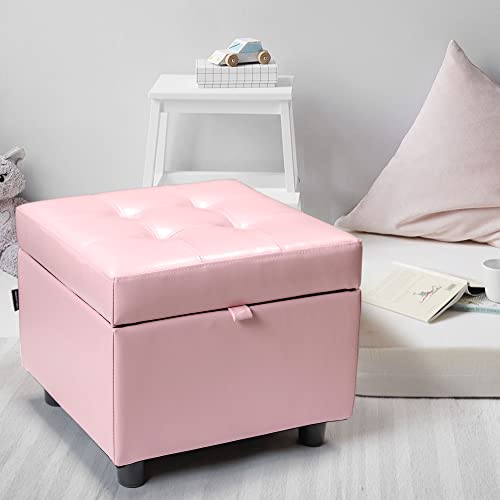 H&B Luxuries Tufted Leather Square Flip Top Storage Ottoman Cube Foot Rest - color: Pink With Storage