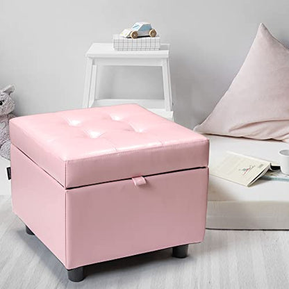 H&B Luxuries Tufted Leather Square Flip Top Storage Ottoman Cube Foot Rest - color: Pink With Storage