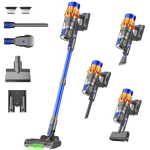 Cordless Stick Vacuum Cleaner, 650W 55KPA Up to 70Min Runtime, Green Light Anti-Tangle Brush, 7-Stage HEPA Filtration, Lightweight for Pet Hair Carpet Hard Floors (Blue) - color: Blue